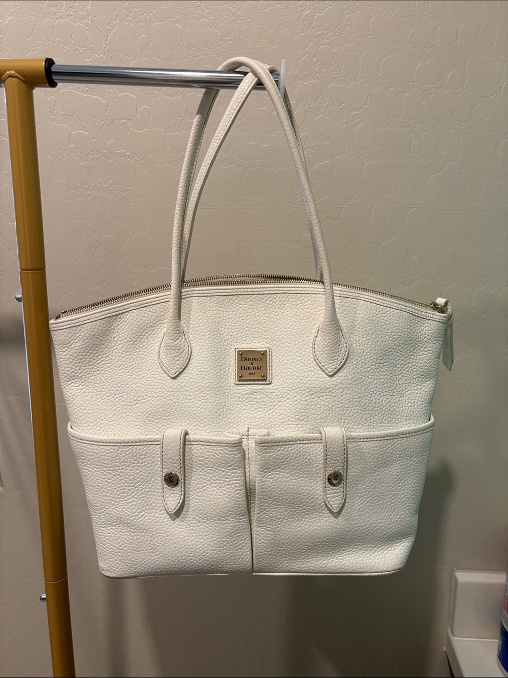 Dooney & Bourke Cream Pebbled Leather Tote with Front Pockets